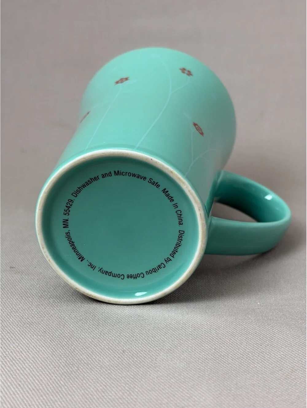 Caribou Coffee Tall Latte Mug Seafoam Teal Grey Snowflake Floral Ceramic Cup 16o